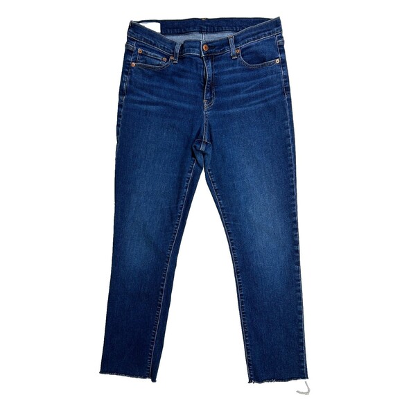 Gap Classic Straight Mid Rise Jeans Dark Blue Denim Raw Hem Cotton 14 Long Tall - Picture 1 of 12